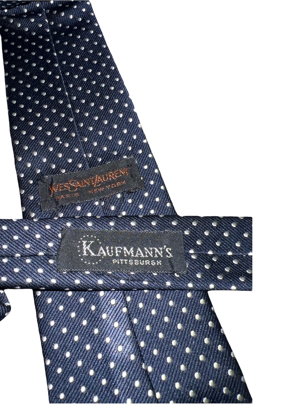 Yves Saint Laurent Mens Designer  Classic Navy Blue White Polka Dots Tie Logo - Picture 6 of 6